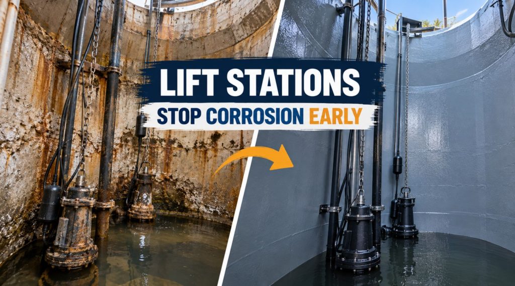 There's a specific moment in a lift station's life where a relatively straightforward lift station coating project stops being an option and a much more expensive structural repair becomes the only remaining choice. Most municipalities don't know exactly when that moment happened until well after they've crossed it, because the deterioration that leads there doesn't announce itself with a dramatic failure. It creeps, one inspection cycle at a time, until the wet well that could have been coated for a modest cost now needs partial reconstruction. This guide walks through how that deterioration actually progresses, the specific signs that mark each stage, and why understanding this staging matters more than most facilities realize when it comes to protecting the budget as much as the structure itself. The Deterioration Timeline Nobody Watches Closely Enough Corrosion inside a wet well doesn't move at a constant pace, and it doesn't stay contained to a cosmetic problem indefinitely. It starts with surface-level attack, the sulfuric acid produced by bacteria feeding on hydrogen sulfide gas beginning to soften and etch the concrete surface above the waterline. At this stage, the damage is real but shallow, and a lift station coating applied now stops the process almost entirely, since there's sound, structurally intact concrete underneath the surface damage for the coating to bond to. Left unaddressed, that surface attack deepens. The softened layer sloughs away, exposing fresh concrete to the same bacterial and acid cycle, and the process repeats, consuming material at an accelerating rate since there's no protective barrier interrupting it. This is the stage where a straightforward coating project starts requiring more substrate repair first, still very achievable, but no longer as simple as coating over sound material. Eventually, enough material loss compromises actual structural capacity, exposed reinforcing steel in reinforced concrete structures, significant wall thinning, or loss of section that affects the wet well's ability to bear the loads it was designed for. Once a lift station reaches this stage, coating alone isn't a solution anymore. The project now involves structural repair or reconstruction, with coating as one part of a much larger and more expensive scope of work. Why This Progression Catches Facilities Off Guard Lift stations, precisely because they're functional infrastructure rather than public-facing structures, don't get the routine visual attention a more visible asset would. A facility might go years between detailed internal inspections, and the gap between "we should look into that surface damage we noticed last time" and "the wall has lost significant structural capacity" can close faster than an infrequent inspection schedule would catch. Our explainer on the H2S corrosion cycle that drives this kind of damage covers the underlying chemistry in more detail, and one of the most important points from that mechanism is that the cycle is self-sustaining. It doesn't slow down or stabilize once it starts. Every bit of concrete the acid consumes exposes fresh material for the same bacteria to attack next, which means a lift station left unaddressed doesn't plateau at a stable level of damage, it keeps progressing toward the structural threshold at a pace that depends on hydrogen sulfide concentration, temperature, and how much exposed surface area the wet well presents above the waterline. What a Lift Station Coating Project Looks Like at Each Stage Catching corrosion at the surface stage is the best-case scenario, both financially and practically. A lift station coating applied to sound concrete with only surface-level etching requires straightforward preparation, cleaning and profiling the existing surface, and a coating system chosen for the specific chemical exposure the wet well experiences. Project cost, downtime, and complexity are all at their lowest at this stage. At the intermediate stage, where surface damage has progressed to more significant material loss but hasn't yet compromised structural capacity, the project scope grows to include substrate repair before coating, patching or resurfacing the deteriorated areas to restore a sound bonding surface. This is still fundamentally a coating project, just a more involved one than catching the problem at stage one. Once structural loss has occurred, the project is no longer primarily a coating decision. Structural engineering assessment, repair or reconstruction of the compromised sections, and significantly more cost and downtime become part of the scope, with coating applied as the final protective step once the structural work is complete rather than as the primary intervention. The Financial Case for Catching This Early The cost difference between these three stages isn't a modest percentage increase, it's often an order-of-magnitude difference between a routine maintenance coating project and a structural rehabilitation project requiring engineering assessment, extended downtime, and significantly more material and labor. This is the practical argument for treating regular wet well inspection as a genuine budget priority rather than a task that competes for attention with more visible infrastructure needs. A facility that inspects its lift stations on a defined, regular schedule and acts on surface-stage findings promptly spends less over the long run than one that defers inspection and ends up managing structural emergencies reactively. The math favors proactive coating programs consistently, even though the upfront visibility of "we're spending money on a lift station that isn't currently failing" can be a harder budget conversation than an emergency repair that arrives with its own obvious urgency attached. What to Actually Look For During Inspection Surface texture is the earliest indicator worth checking, a softened, slightly spongy feel where concrete should be hard and solid, particularly at the pipe crown and anywhere above the normal waterline where the corrosion cycle concentrates. Discoloration, a lighter or chalky appearance compared to sound concrete elsewhere in the structure, often accompanies this early surface attack. As deterioration progresses, visible sloughing or material that can be scraped away by hand becomes apparent, along with a rougher, more irregular surface texture where material loss has become uneven. At the most advanced stage, exposed reinforcing steel, visible section loss, or structural cracking indicate the threshold has already been crossed, and the conversation needs to shift from coating to structural assessment immediately. Lift Station Corrosion Stages at a Glance Stage Condition Appropriate Response Surface attack Softened or etched surface, sound concrete underneath Straightforward lift station coating, minimal prep beyond cleaning and profiling Progressive material loss Sloughing, uneven surface, deeper deterioration Substrate repair followed by coating Structural loss Exposed reinforcement, significant section loss Structural engineering assessment and repair, coating as final step Things to Consider for a Proactive Lift Station Program Does your inspection schedule actually match the corrosion risk profile of each specific lift station, or is every station on the same generic interval regardless of known hydrogen sulfide exposure? Are inspection findings actually triggering prompt action at the surface stage, or do minor findings tend to get deferred until they're no longer minor? Has staff been trained to recognize the specific early signs, softened surface texture, discoloration, that distinguish surface-stage attack from cosmetic aging? Is the budget process set up to fund proactive coating projects, or does funding only become available once a problem is severe enough to qualify as an emergency? For stations already showing intermediate or advanced deterioration, has a proper assessment determined which stage the structure is actually at, rather than assuming based on outward appearance alone? For a broader look at how coating material choice factors into a rehabilitation decision once a lift station needs more than routine maintenance, our comparison of manhole rehabilitation methods covers material tradeoffs that apply to lift station wet wells facing the same underlying corrosion mechanism. Our piece on the benefits of polyurea for manhole and sewer linings covers why this particular chemistry has become a common choice specifically for this kind of aggressive, acid-driven corrosion environment. Building Lift Station Coating Into a Broader Maintenance Program Treating lift station protection as an ongoing program rather than a one-time project pays off precisely because the corrosion cycle never stops on its own. Our overview of polyurea applications covers the range of infrastructure and industrial settings where this same proactive-versus-reactive logic applies, and lift stations are a particularly clear example of how much the timing of intervention affects total project cost over an asset's service life. Frequently Asked Questions How quickly does lift station corrosion progress from surface damage to structural loss? It varies significantly based on hydrogen sulfide concentration, temperature, and the specific structure's exposure conditions, which is exactly why regular inspection matters more than assuming a fixed timeline applies universally. Can a lift station coating be applied over existing surface corrosion? Surface-level etching on otherwise sound concrete generally just needs proper cleaning and profiling before coating. Deeper deterioration needs substrate repair first, and structural-level loss needs engineering assessment before coating is even the relevant conversation. Is it cheaper to wait and coat a lift station once, rather than inspecting and maintaining it regularly? Generally no. The cost difference between catching corrosion at the surface stage versus after structural loss has occurred is typically far more than the cumulative cost of regular inspection and earlier, smaller interventions. What's the earliest sign of lift station corrosion worth watching for? A softened or slightly spongy surface texture where concrete should be hard, along with discoloration compared to sound concrete elsewhere in the structure, particularly above the normal waterline. Does every lift station need the same inspection frequency? Not necessarily. Stations with higher hydrogen sulfide exposure, warmer operating temperatures, or a documented history of corrosion issues generally warrant more frequent inspection than stations with a lower risk profile. Conclusion Lift station coating is at its most cost-effective and least disruptive when it happens at the surface-attack stage, before the self-sustaining corrosion cycle has had time to consume enough material to threaten structural capacity. The window for that straightforward intervention doesn't stay open indefinitely, and it closes without any dramatic warning, just a gradual progression that regular, genuinely attentive inspection is the only reliable way to catch in time. Municipalities that treat lift station inspection as a real budget priority, not an afterthought competing with more visible infrastructure needs, consistently spend less over the long run than those that wait for a problem serious enough to demand attention on its own.